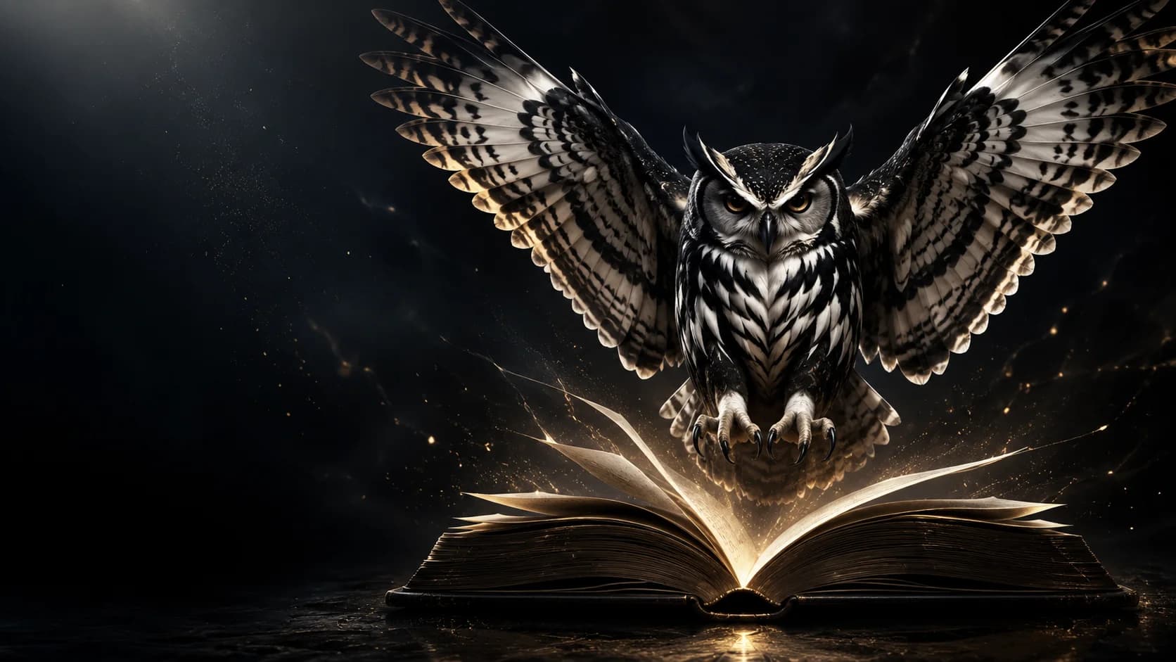 Un búho aterrizando sobre un libro abierto, entre destellos dorados.